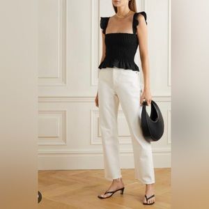 Reformation Black Smocked Peplum Ruffle-Shoulder Crop Top